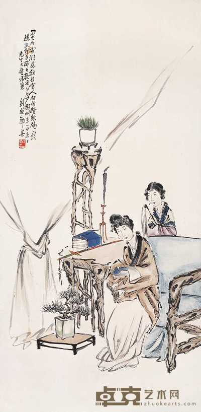 郭梁 秋夜读书 立轴 148×78cm